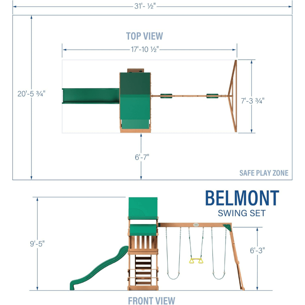Canyon Creek All Cedar Swing Set Playset w/ Rockwall Upper Fort Belt Swings Web Swing Gray Wave Slide, and Play Kitchen