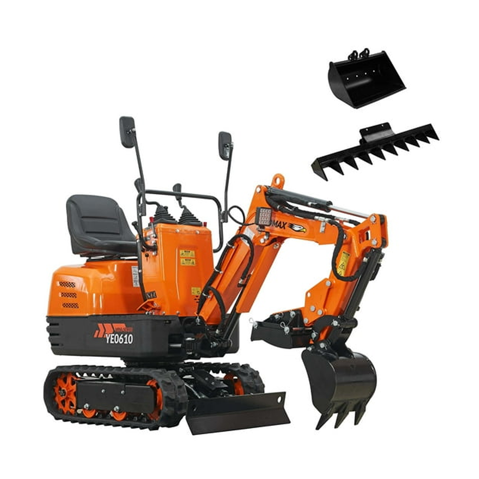 YARDMAX Mini Excavator with Claw Grading Bucket & Rake