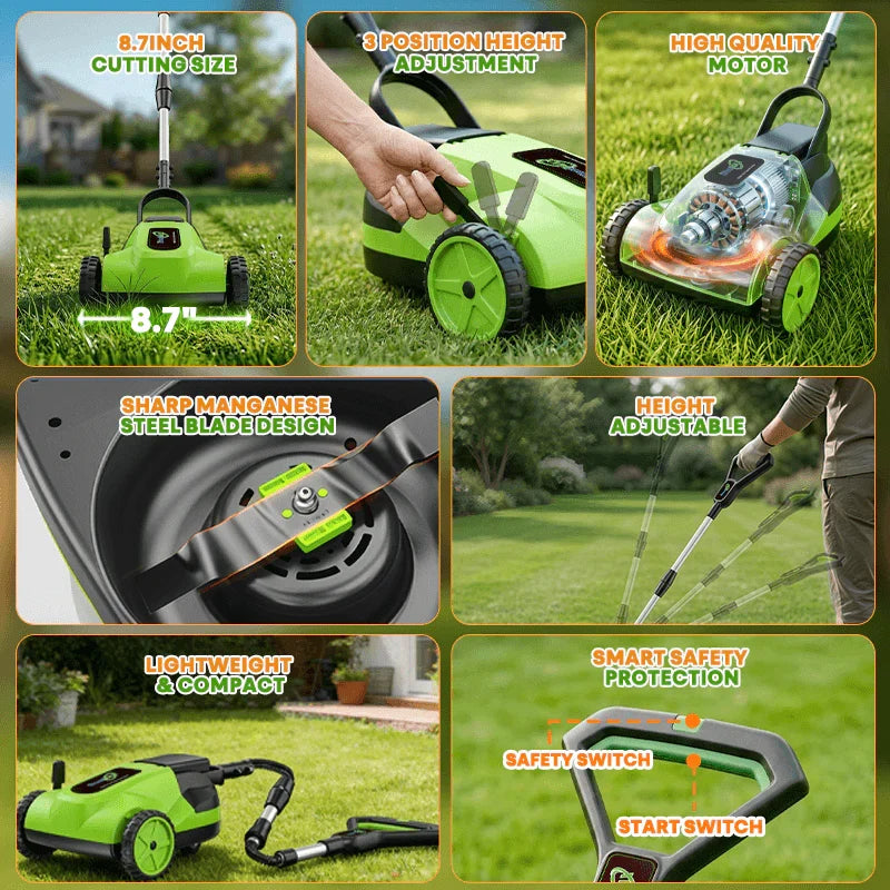 IToolMax 8.7-Inch Small Electric Lawn Mower for Yards & Gardens
