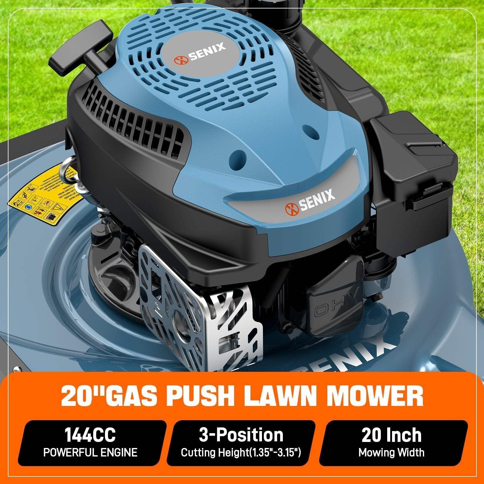 Senix 20" 144cc 4-Cycle Gas Push Lawn Mower with Side Discharge LSPG-L4