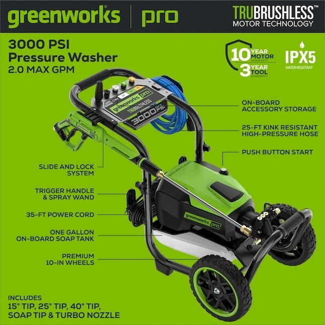 Greenworks 3000-PSI 2.0-GPM Cold Water Electric Pressure washer with 5 Spray Tips