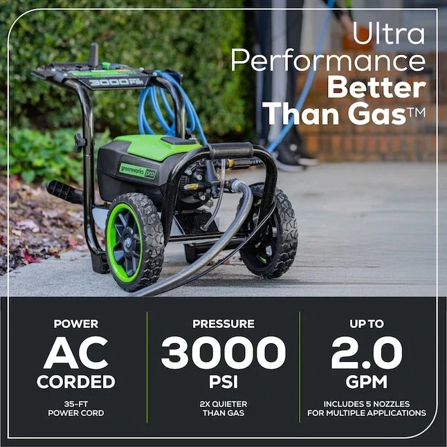 Greenworks 3000-PSI 2.0-GPM Cold Water Electric Pressure washer with 5 Spray Tips