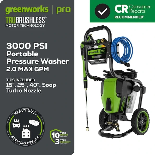 Greenworks 3000-PSI 2.0-GPM Cold Water Electric Pressure washer with 5 Spray Tips