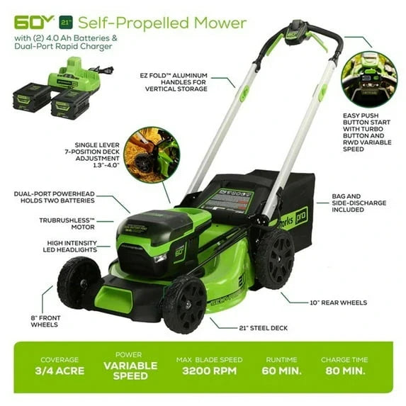 Greenworks 60V 21" Brushless Self-Propelled Battery Powered Lawn Mower + (2) 4.0Ah Batteries & Dual Port Charger
