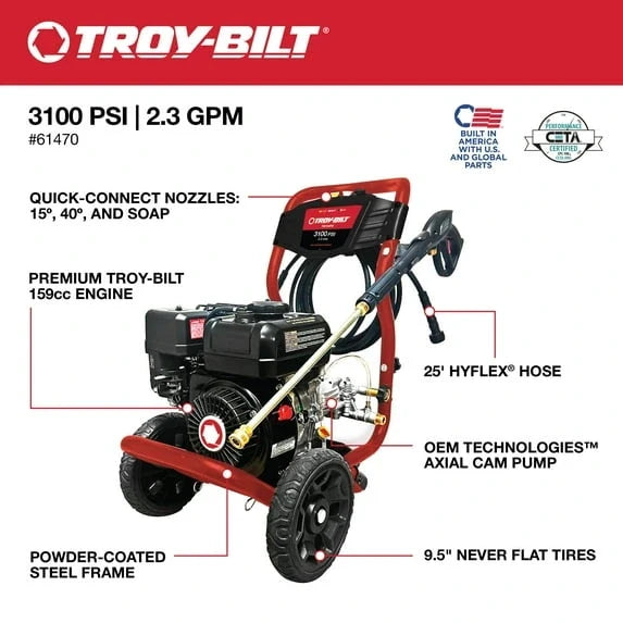Troy-Bilt 3100 PSI Gas Pressure Washer with 2.3 GPM Axial Cam Pump