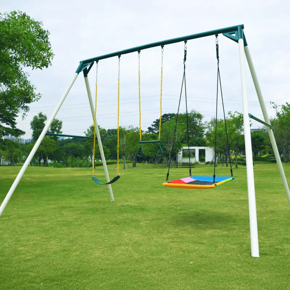 9.5′ Heavy Duty Metal Swing Set with Belt Swing, Trapeze Bar