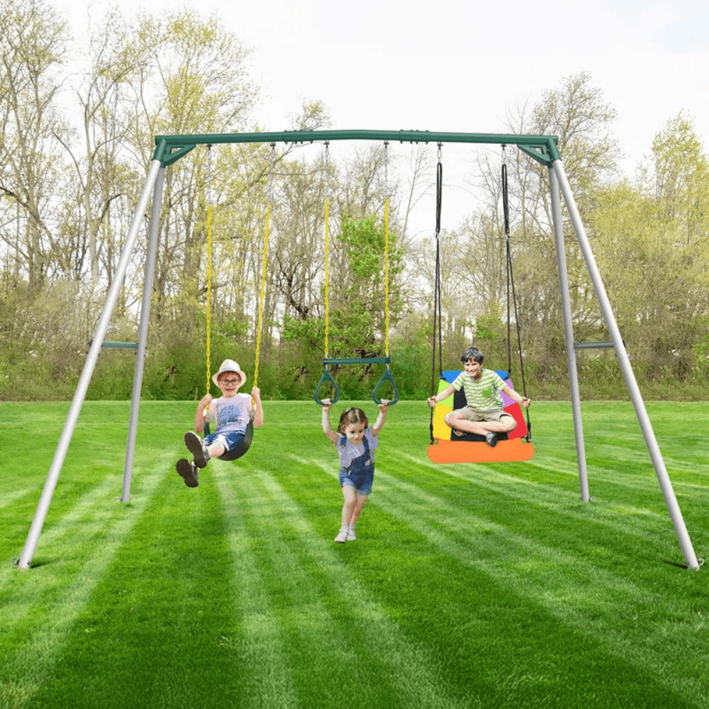 9.5′ Heavy Duty Metal Swing Set with Belt Swing, Trapeze Bar