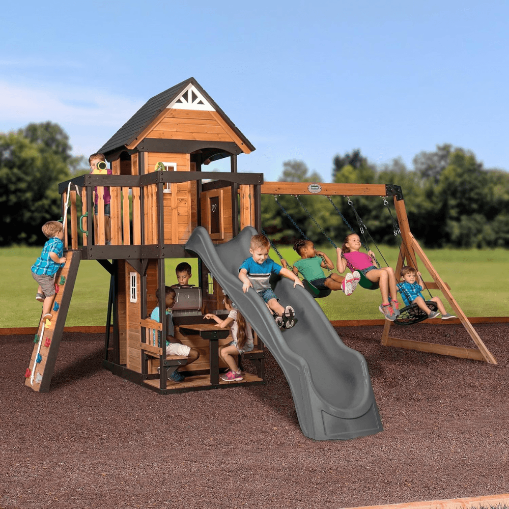 Canyon Creek All Cedar Swing Set Playset w/ Rockwall Upper Fort Belt Swings Web Swing Gray Wave Slide, and Play Kitchen