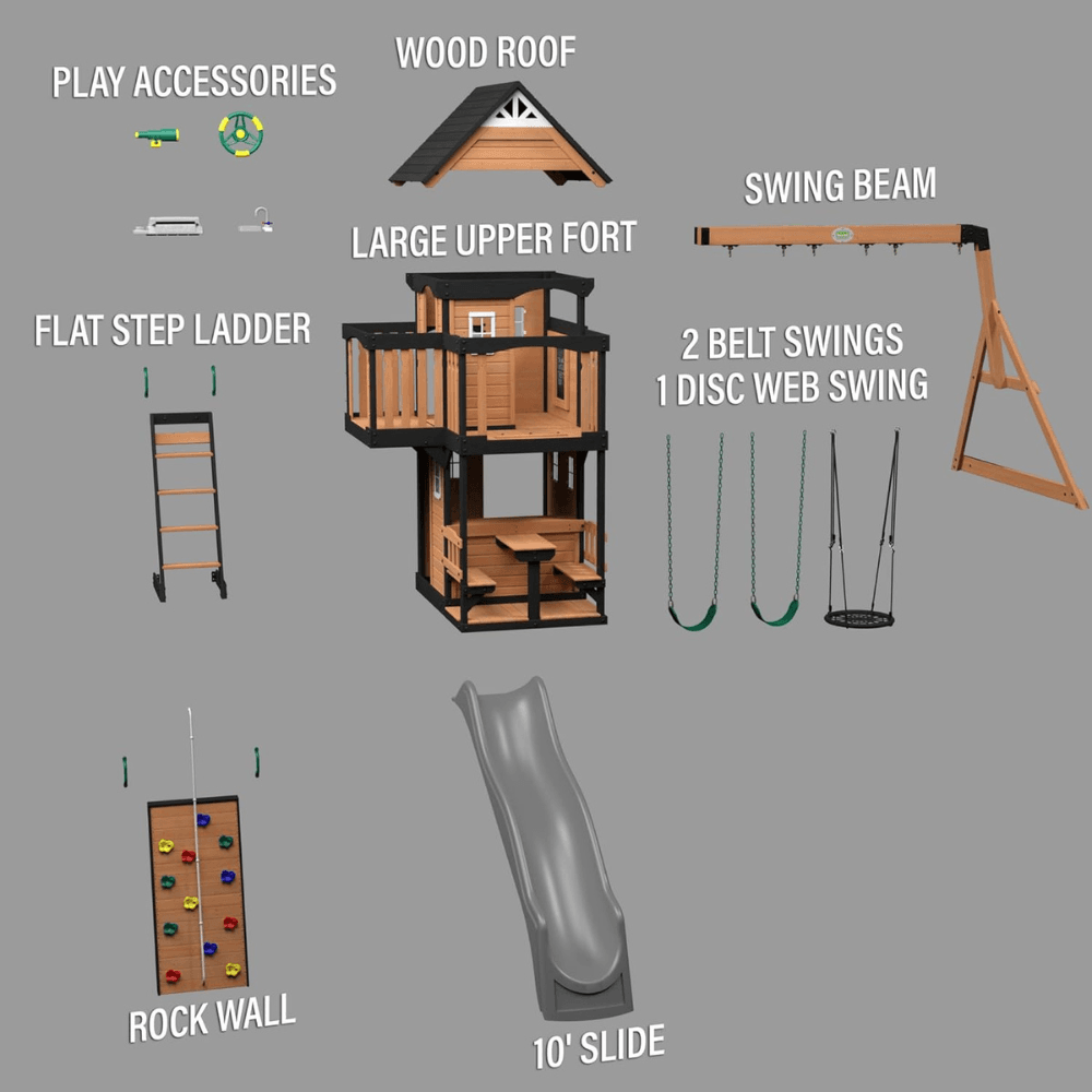 Canyon Creek All Cedar Swing Set Playset w/ Rockwall Upper Fort Belt Swings Web Swing Gray Wave Slide, and Play Kitchen