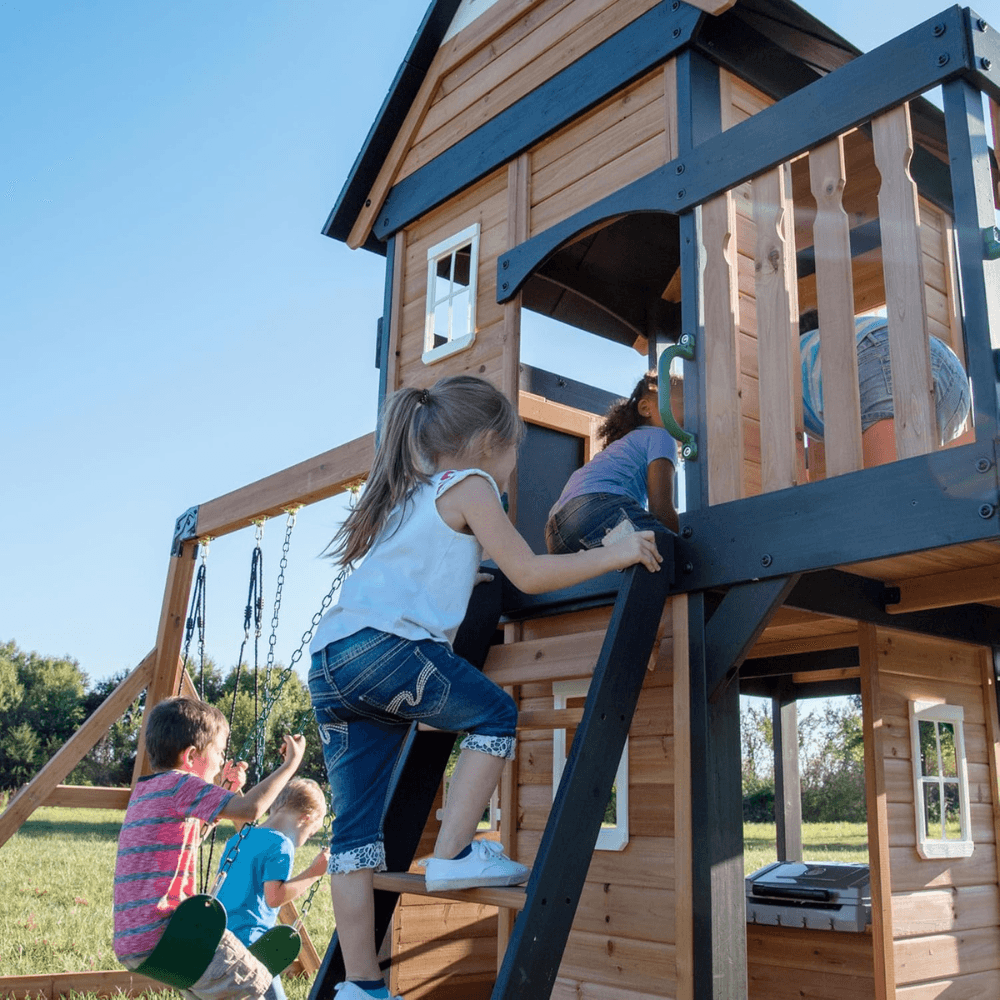 Canyon Creek All Cedar Swing Set Playset w/ Rockwall Upper Fort Belt Swings Web Swing Gray Wave Slide, and Play Kitchen