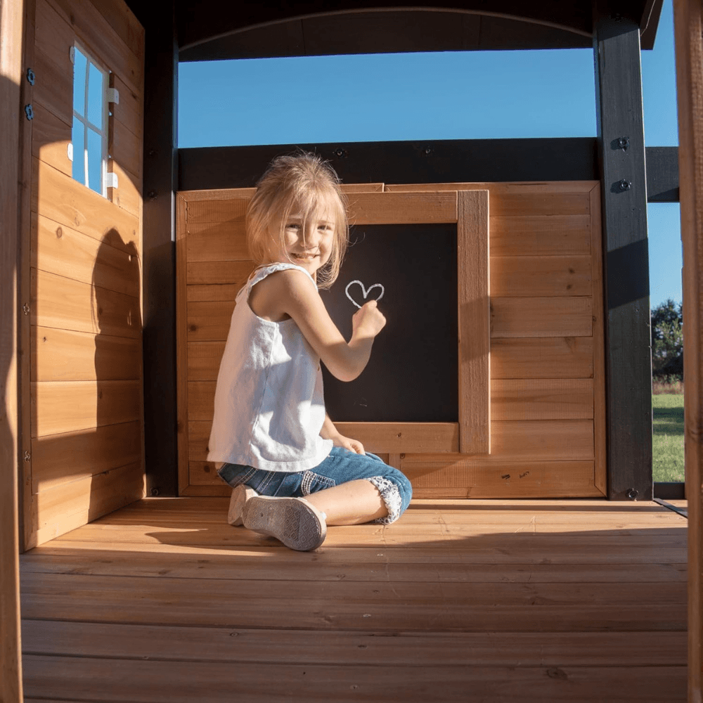 Canyon Creek All Cedar Swing Set Playset w/ Rockwall Upper Fort Belt Swings Web Swing Gray Wave Slide, and Play Kitchen