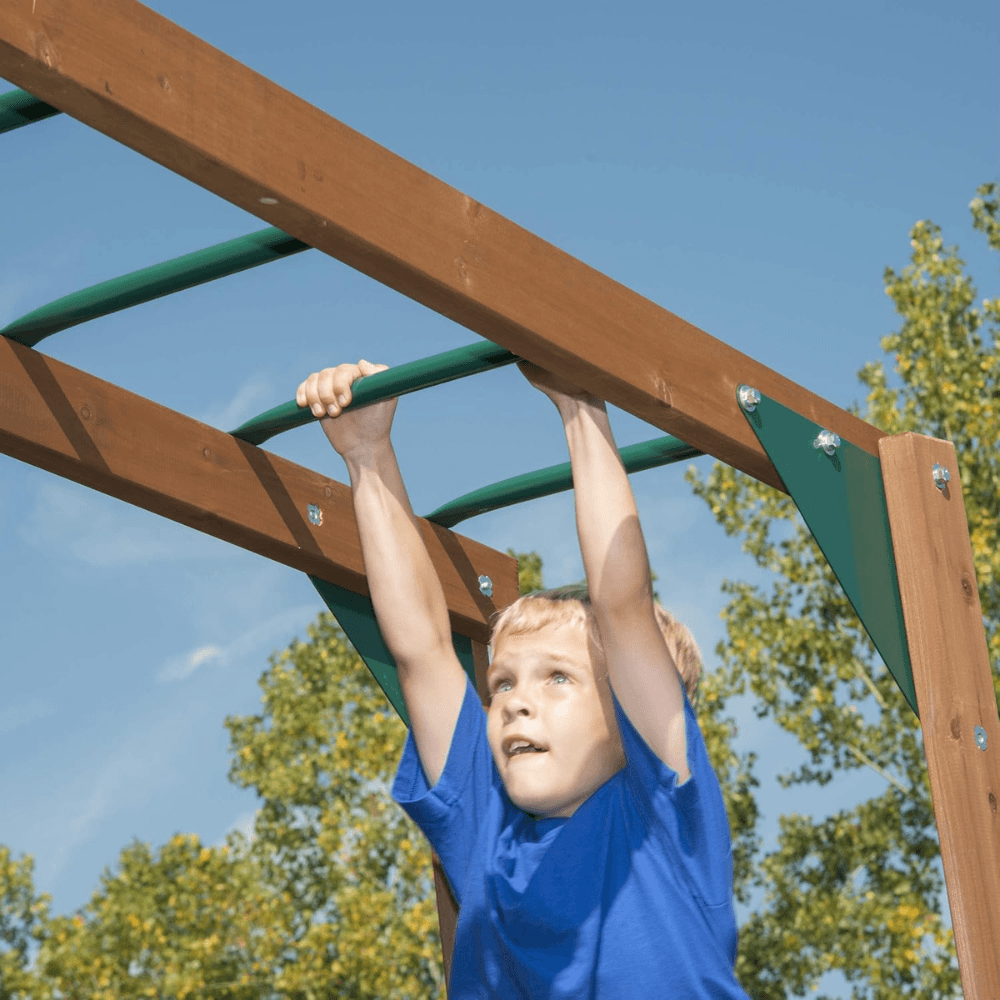 Knightsbridge Plus Complete Wooden Outdoor Playset with Monkey Bars, Slide, Rock Wall and Swing Set Accessories