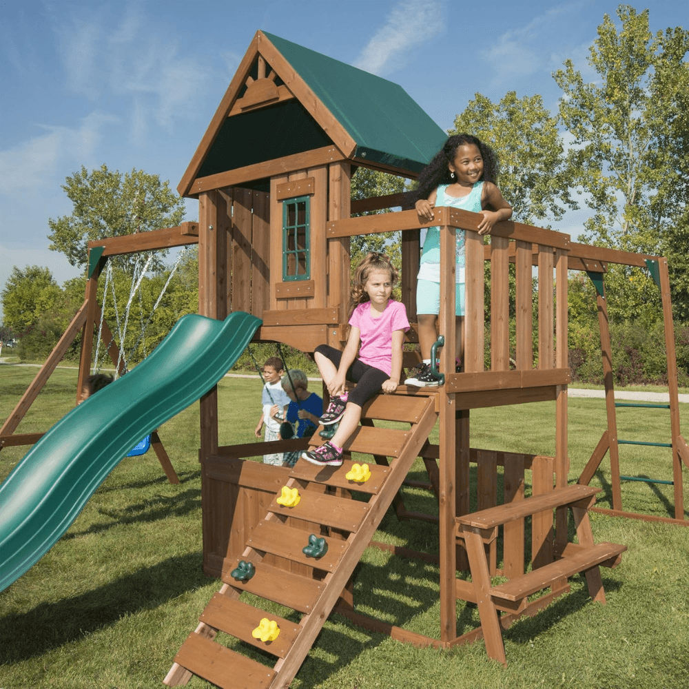 Knightsbridge Plus Complete Wooden Outdoor Playset with Monkey Bars, Slide, Rock Wall and Swing Set Accessories