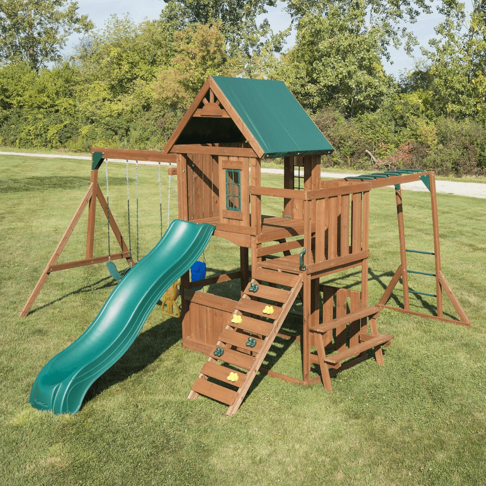 Knightsbridge Plus Complete Wooden Outdoor Playset with Monkey Bars, Slide, Rock Wall and Swing Set Accessories