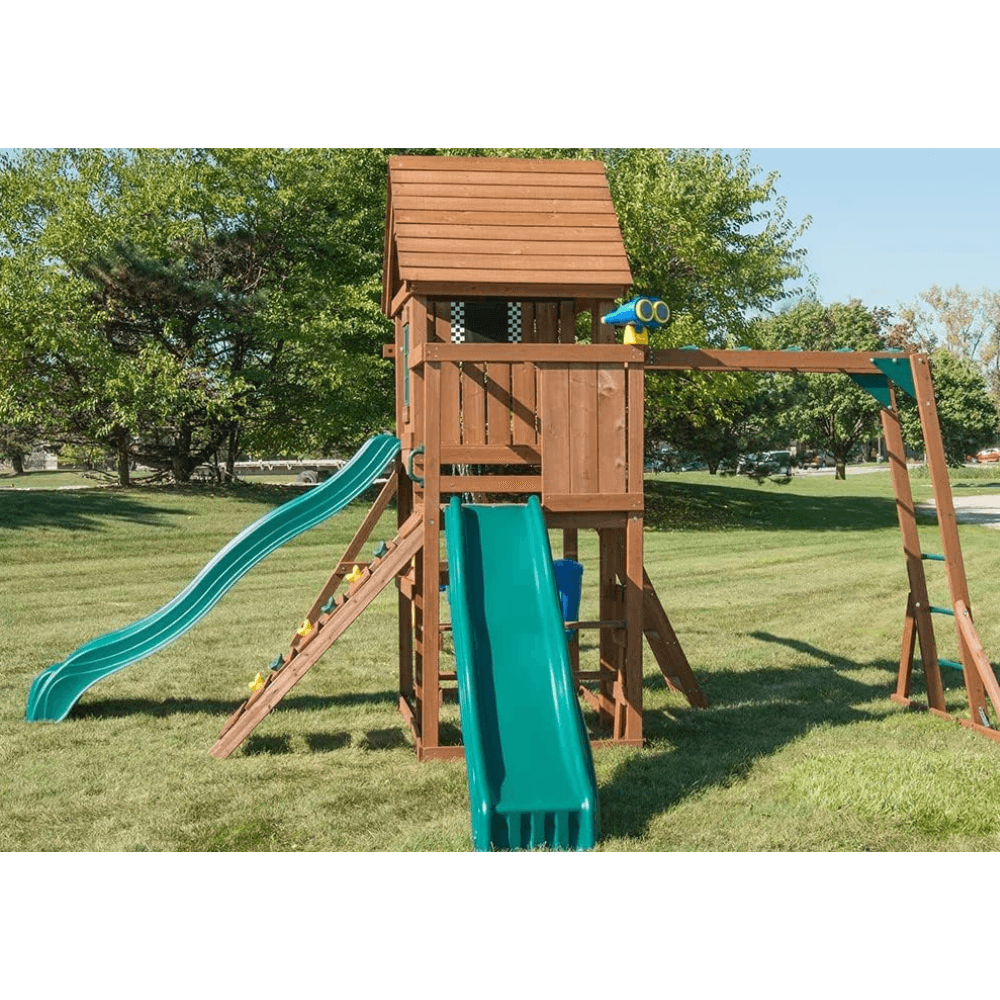 Knightsbridge Plus Complete Wooden Outdoor Playset with Monkey Bars, Slide, Rock Wall and Swing Set Accessories