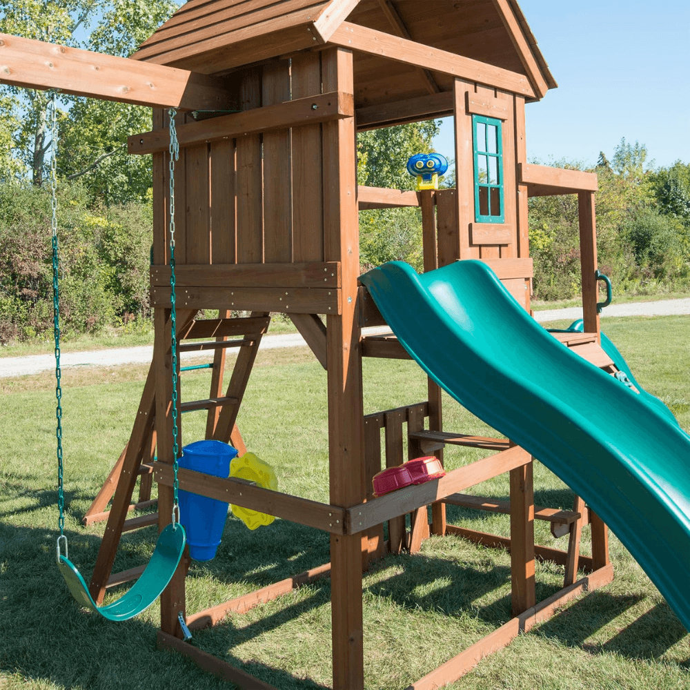 Knightsbridge Plus Complete Wooden Outdoor Playset with Monkey Bars, Slide, Rock Wall and Swing Set Accessories