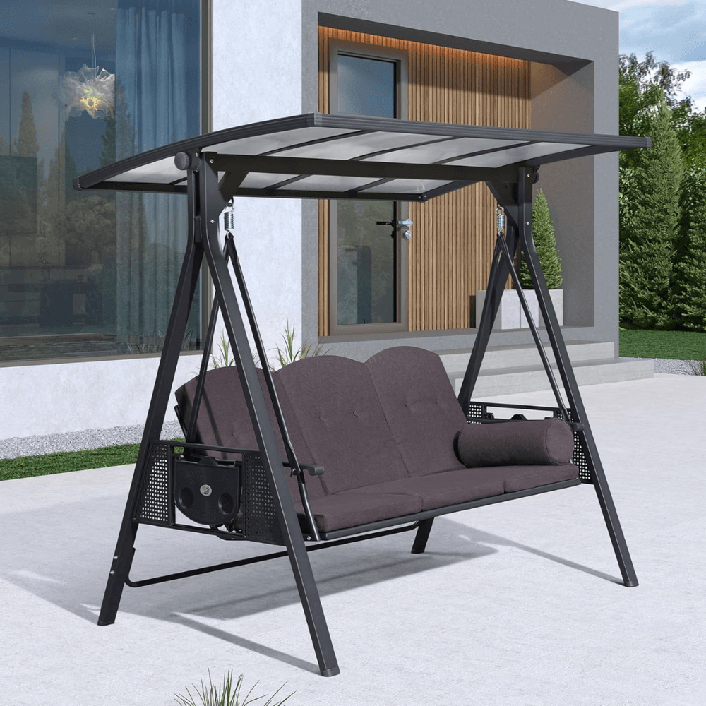 PURPLE LEAF 3-seat Outdoor Patio Porch Swing Adjustable Backrest, Cushions and Pillow Included