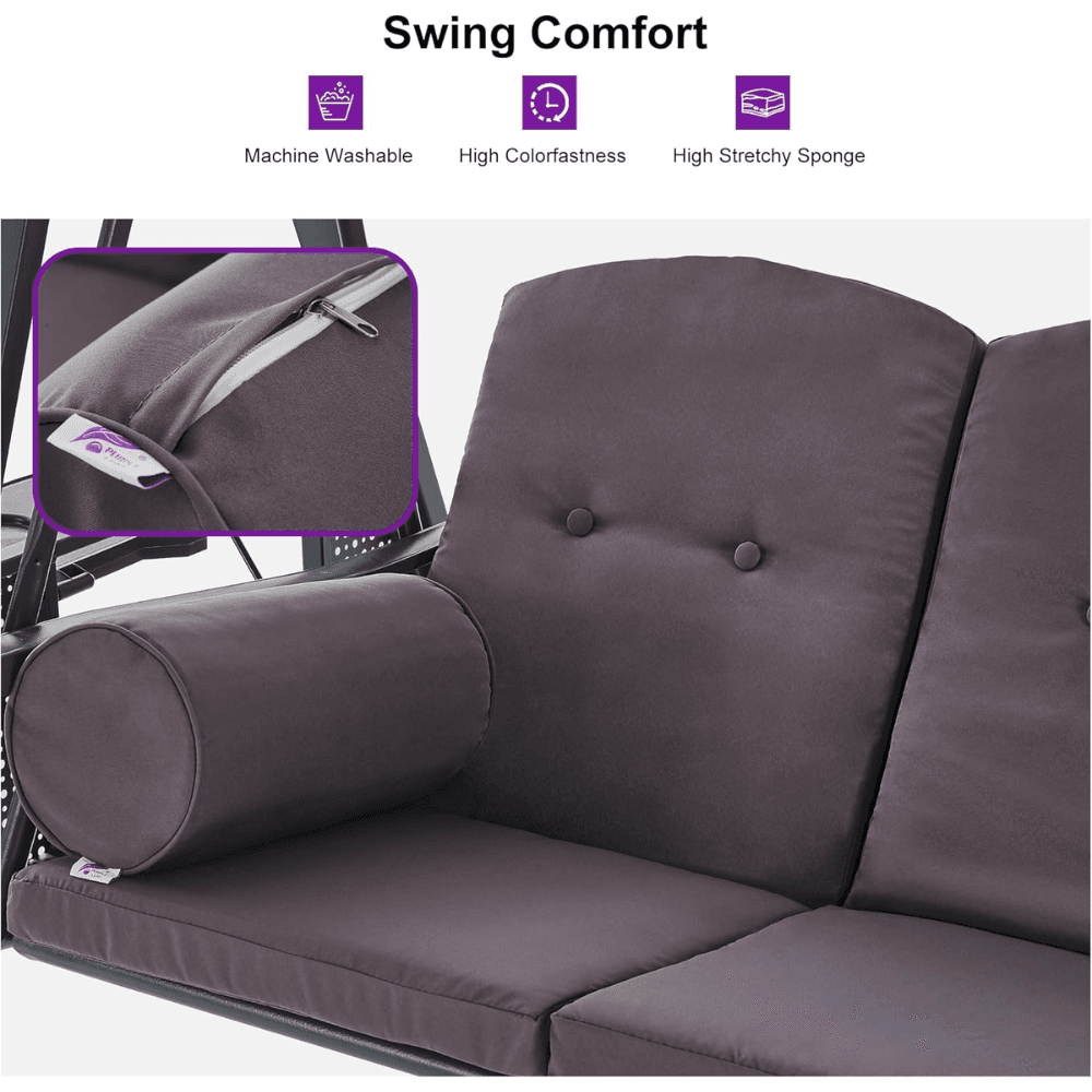 PURPLE LEAF 3-seat Outdoor Patio Porch Swing Adjustable Backrest, Cushions and Pillow Included